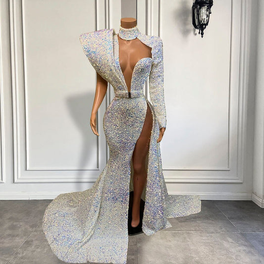 High Neck Single Long Sleeve Sexy High Slit Girls Long Prom Dresses - LiveTrendsX