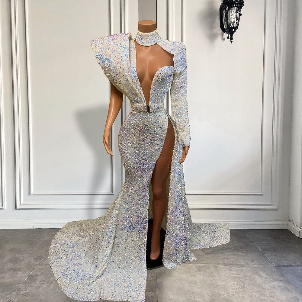 High Neck Single Long Sleeve Sexy High Slit Girls Long Prom Dresses - LiveTrendsX