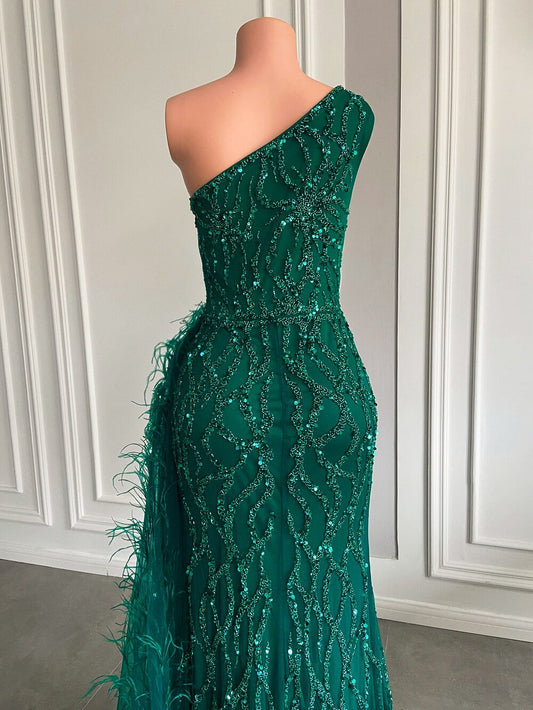 High Slit Green Tulle Beaded Dubai Women Party Formal Gowns - LiveTrendsX