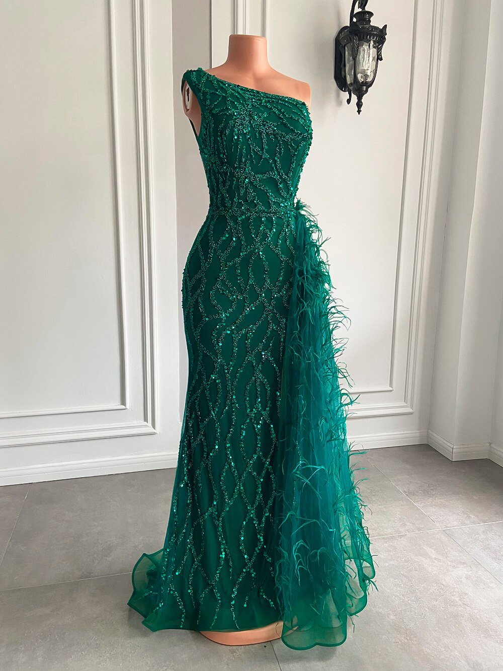 High Slit Green Tulle Beaded Dubai Women Party Formal Gowns - LiveTrendsX