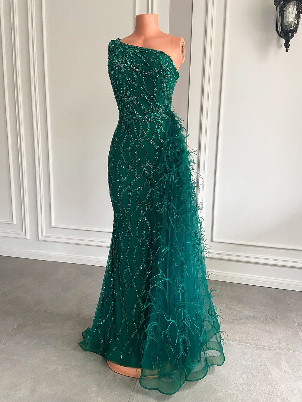 High Slit Green Tulle Beaded Dubai Women Party Formal Gowns - LiveTrendsX