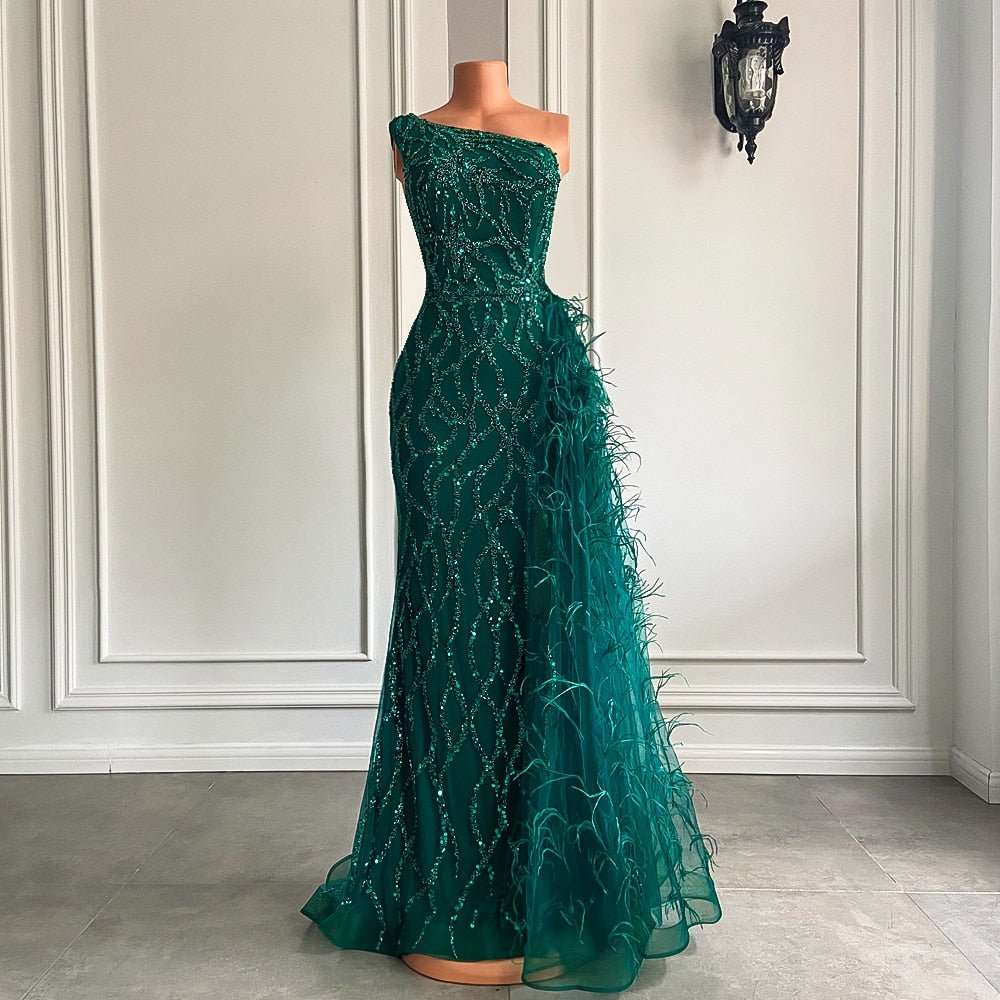 High Slit Green Tulle Beaded Dubai Women Party Formal Gowns - LiveTrendsX