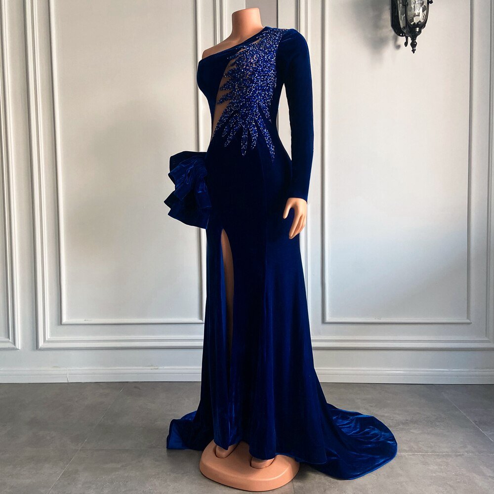 High Slit Royal Blue Velvet Girls Mermaid Prom Dresses 2022 - LiveTrendsX