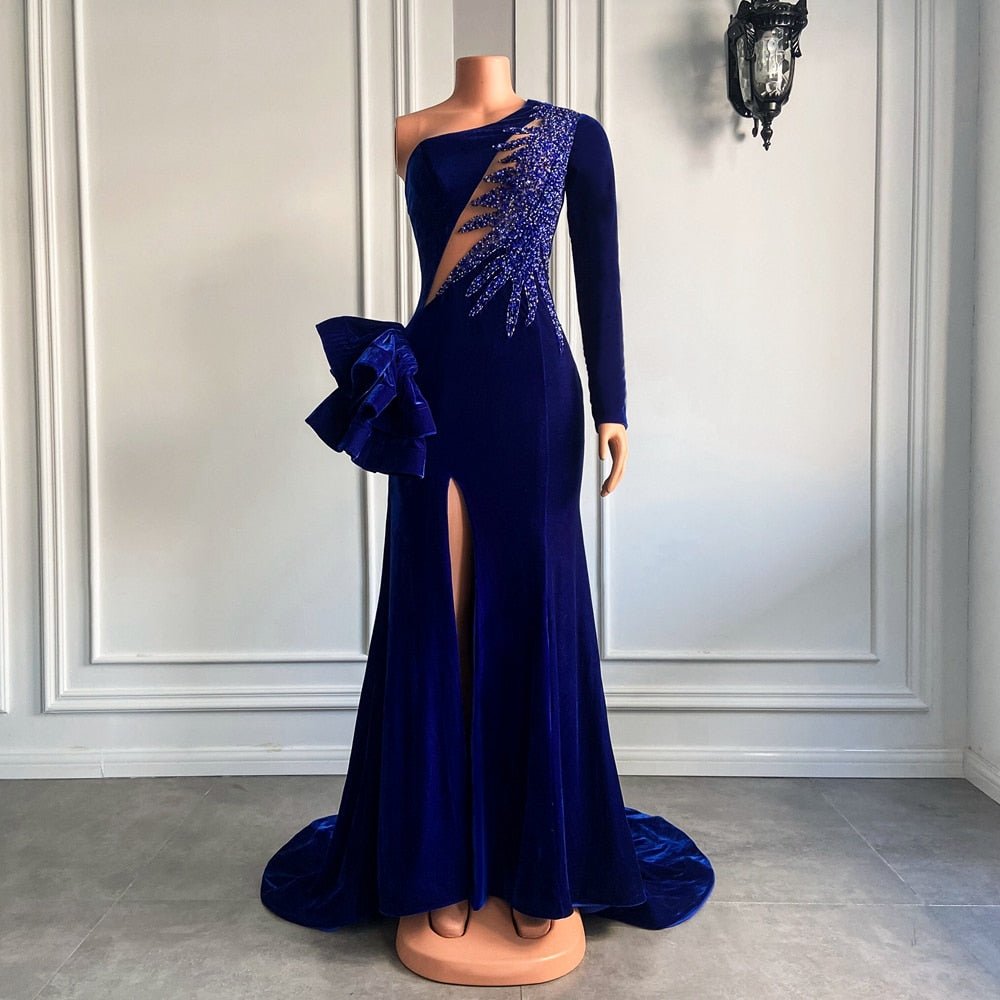 High Slit Royal Blue Velvet Girls Mermaid Prom Dresses 2022 - LiveTrendsX