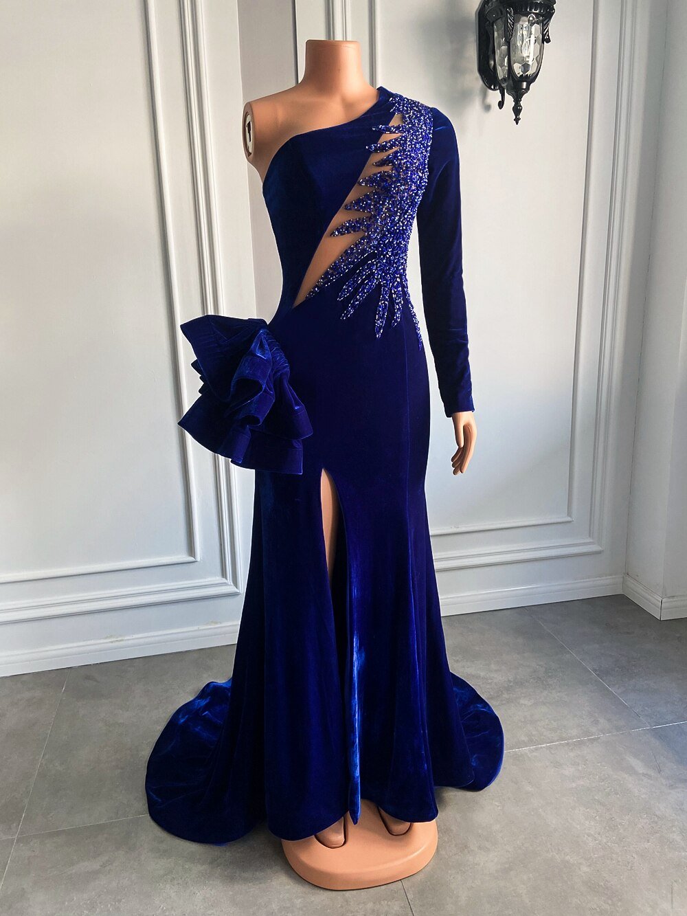 High Slit Royal Blue Velvet Girls Mermaid Prom Dresses 2022 - LiveTrendsX