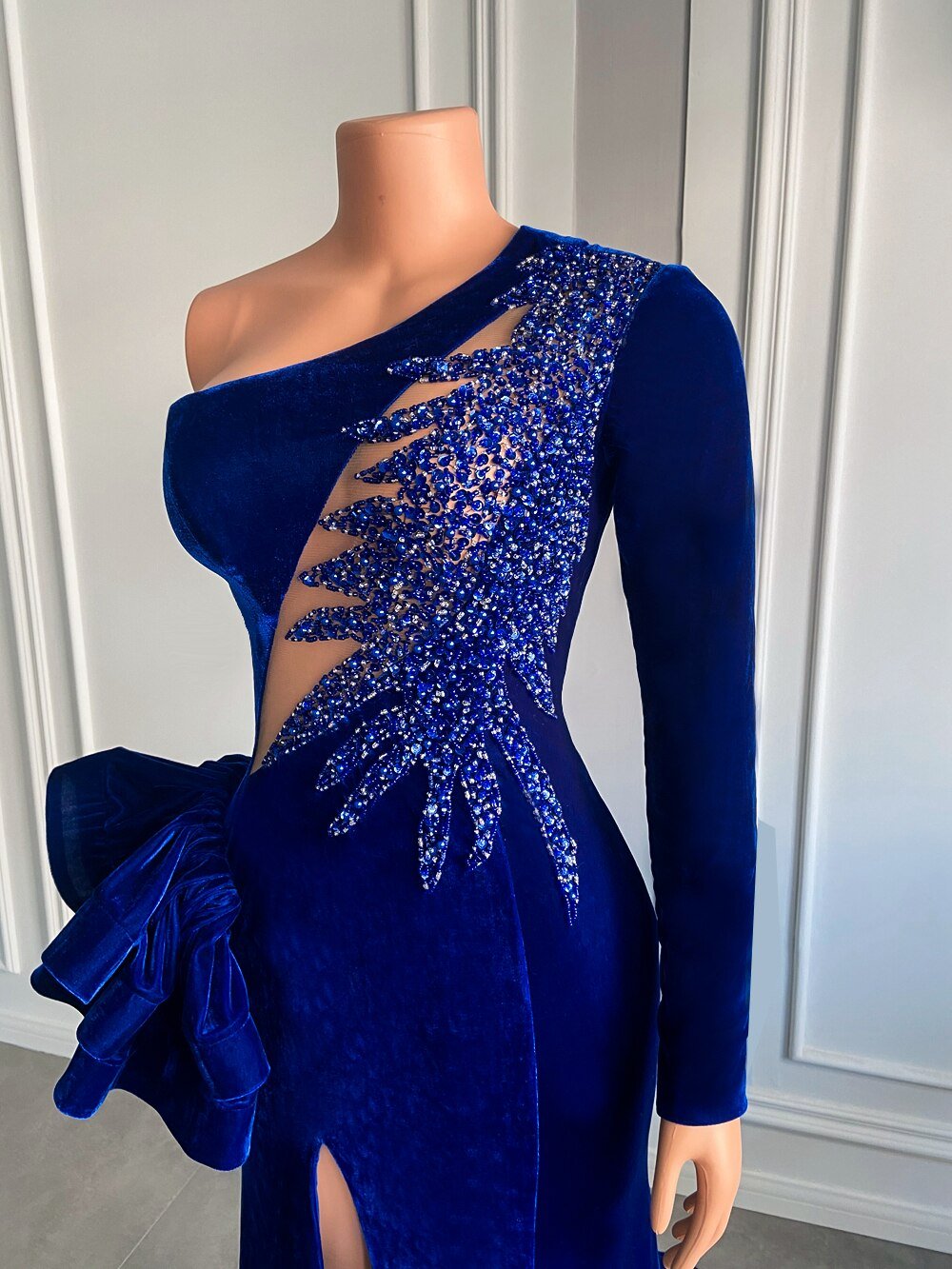 High Slit Royal Blue Velvet Girls Mermaid Prom Dresses 2022 - LiveTrendsX