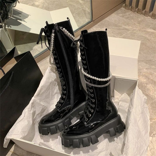 Knee High Boots For Women Punk Metal Decoration Round Toe Flats - LiveTrendsX
