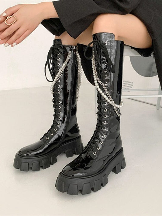 Knee High Boots For Women Punk Metal Decoration Round Toe Flats - LiveTrendsX