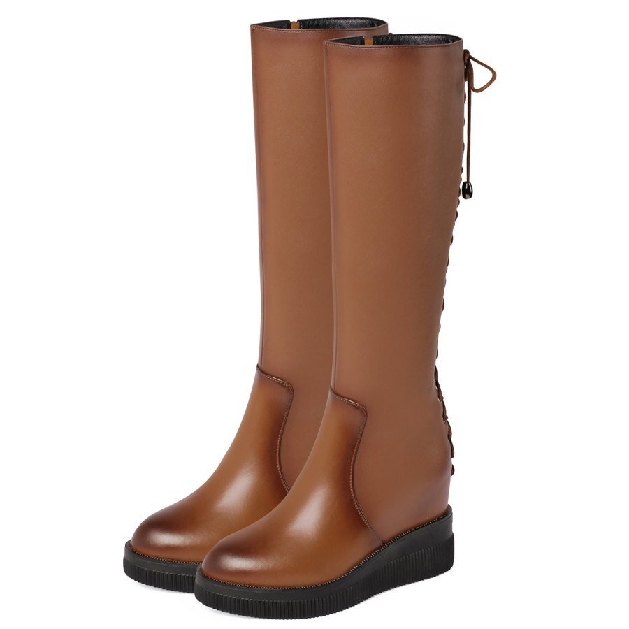 Knee High Military Boots Female Back Lace Up Round Toe Platform Pumps Shoes - LiveTrendsX