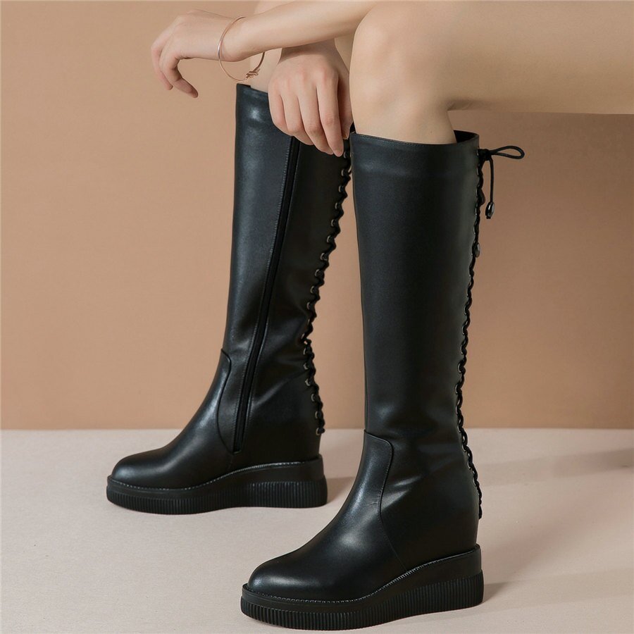 Knee High Military Boots Female Back Lace Up Round Toe Platform Pumps Shoes - LiveTrendsX