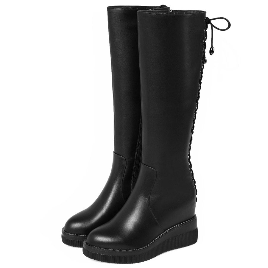 Knee High Military Boots Female Back Lace Up Round Toe Platform Pumps Shoes - LiveTrendsX