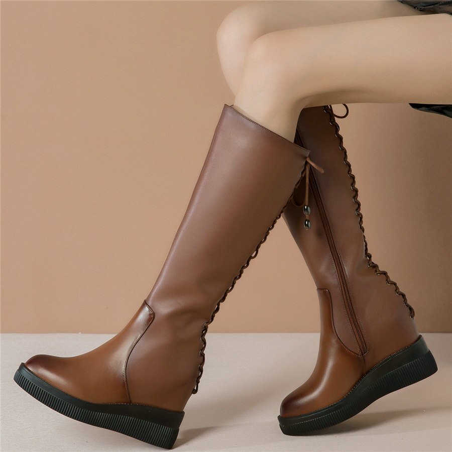 Knee High Military Boots Female Back Lace Up Round Toe Platform Pumps Shoes - LiveTrendsX