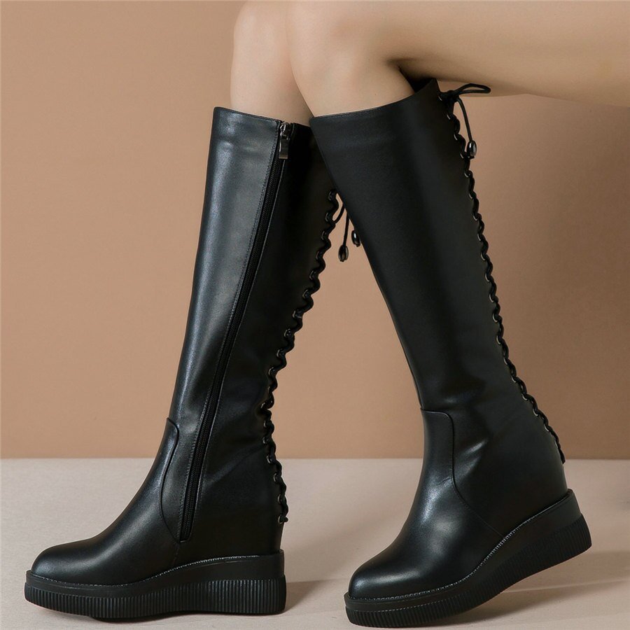 Knee High Military Boots Female Back Lace Up Round Toe Platform Pumps Shoes - LiveTrendsX