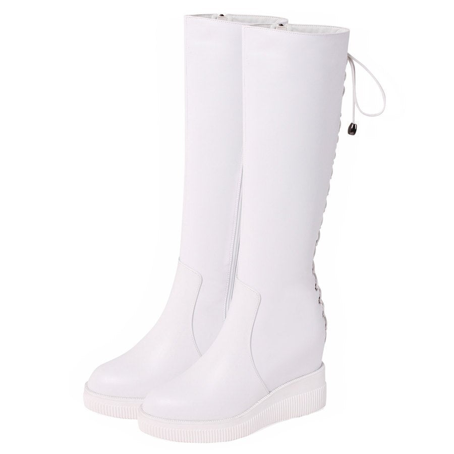 Knee High Military Boots Female Back Lace Up Round Toe Platform Pumps Shoes - LiveTrendsX