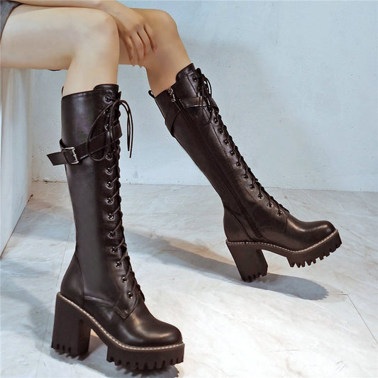 Knee High Motorcycle Boots Female Round Toe Platform Pumps Shoes - LiveTrendsX