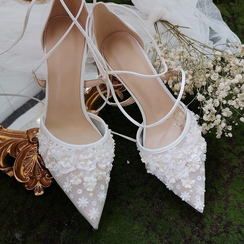 Lace flower fine high - heeled bride wedding shoes - LiveTrendsX
