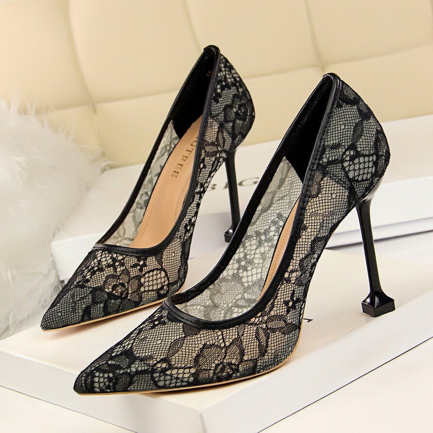 Lace Hollow Mesh Slim Shallow Pointed High Heel Shoes - LiveTrendsX