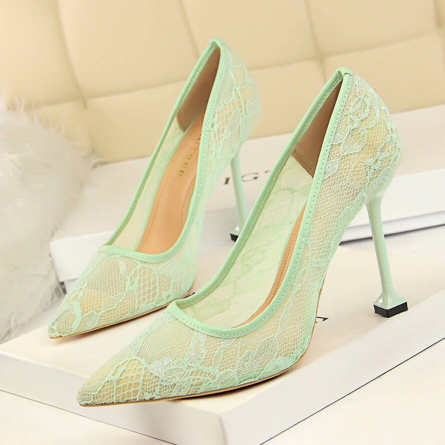 Lace Hollow Mesh Slim Shallow Pointed High Heel Shoes - LiveTrendsX