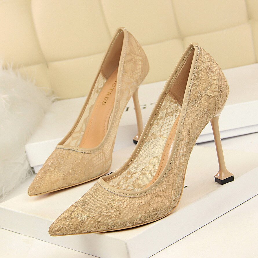 Lace Hollow Mesh Slim Shallow Pointed High Heel Shoes - LiveTrendsX