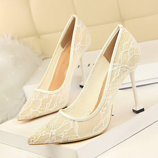 Lace Hollow Mesh Slim Shallow Pointed High Heel Shoes - LiveTrendsX