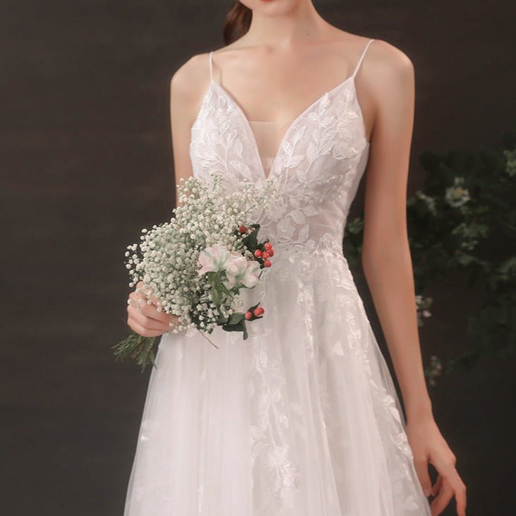 Lace Sling Deep V Neck Thin Wedding Dress - LiveTrendsX