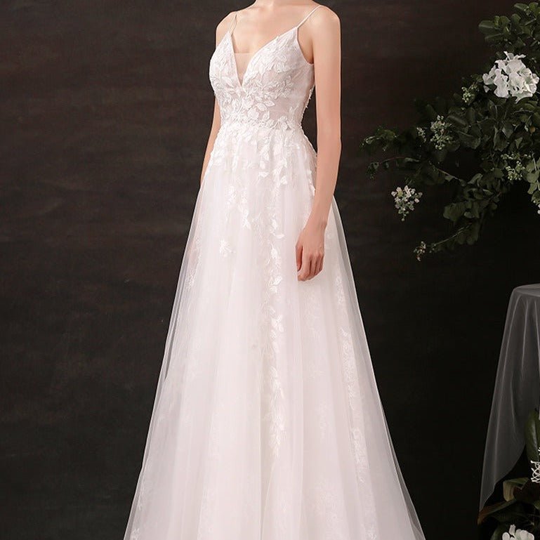 Lace Sling Deep V Neck Thin Wedding Dress - LiveTrendsX
