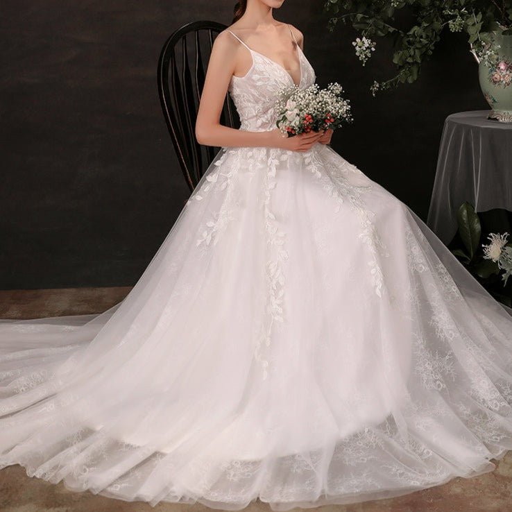 Lace Sling Deep V Neck Thin Wedding Dress - LiveTrendsX