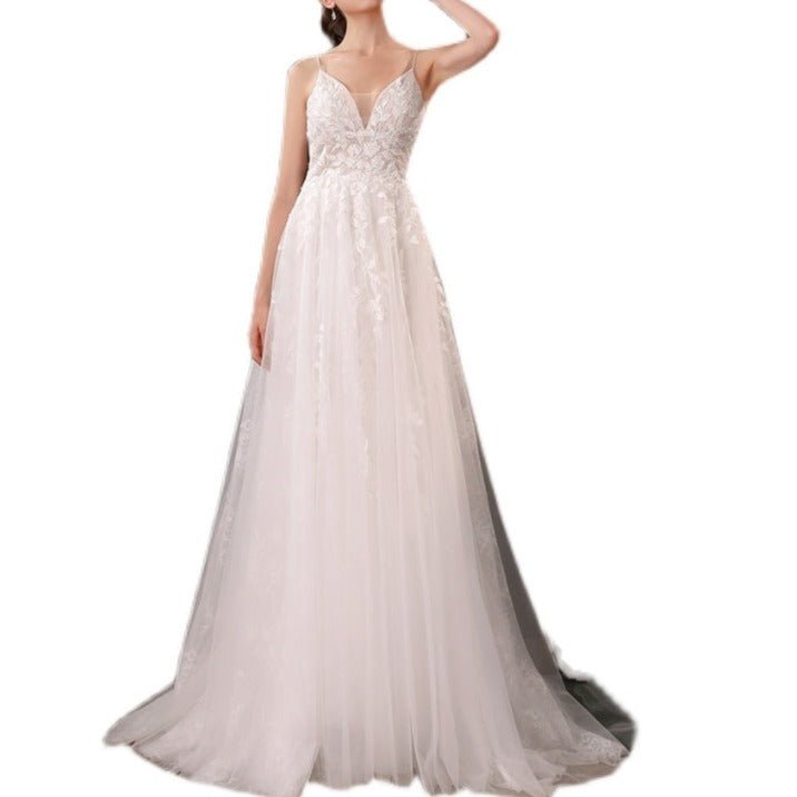 Lace Sling Deep V Neck Thin Wedding Dress - LiveTrendsX