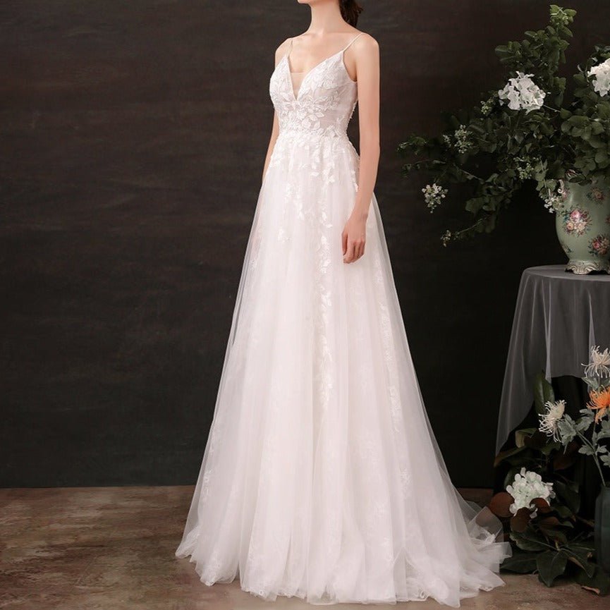 Lace Sling Deep V Neck Thin Wedding Dress - LiveTrendsX