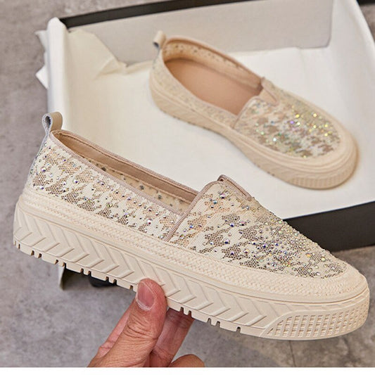 Lace Slip - on Flats Women Round Toe Crystal Mary Janes Shoes - LiveTrendsX