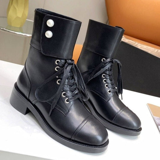 Lace Up Real Leather Martin Boots Women Pearl Chelsea Boots - LiveTrendsX