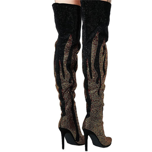 Ladies High Heel Winter Shoes Rhinestone Pointed Toe Thigh High Boots - LiveTrendsX