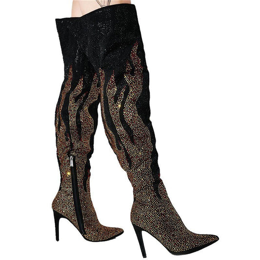 Ladies High Heel Winter Shoes Rhinestone Pointed Toe Thigh High Boots - LiveTrendsX