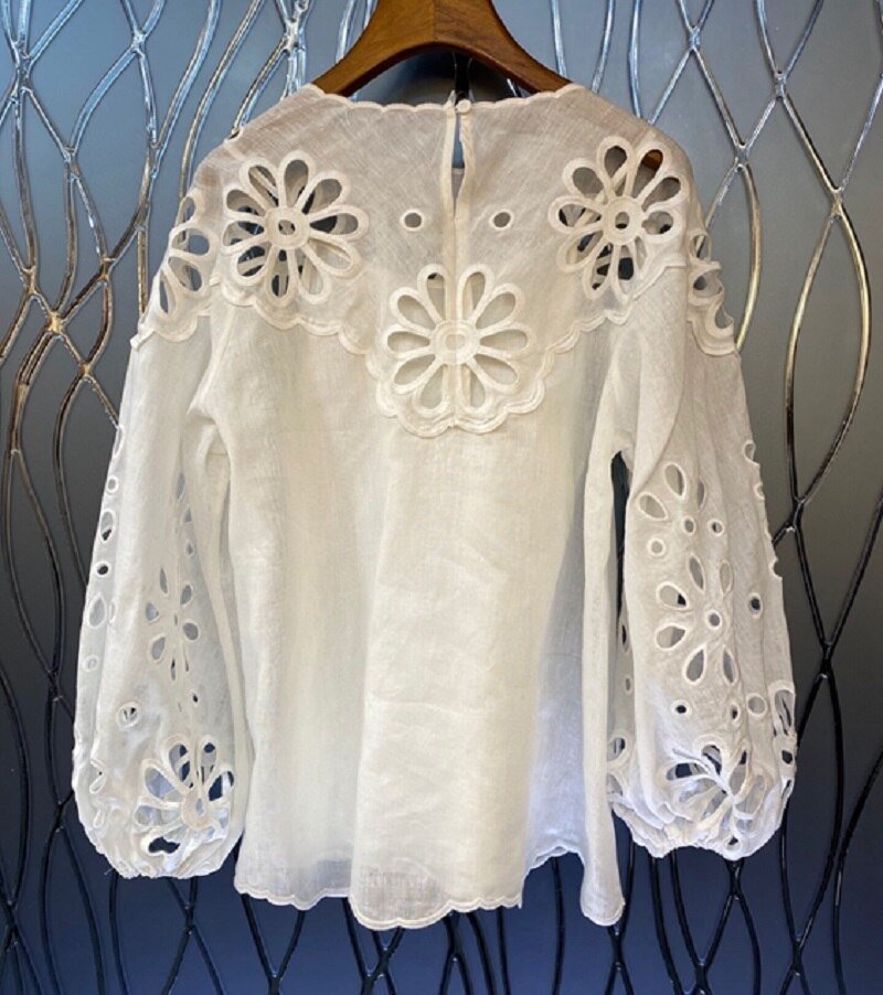 Ladies Hollow Out Embroidery Lantern Sleeve Casual Loose Tops - LiveTrendsX