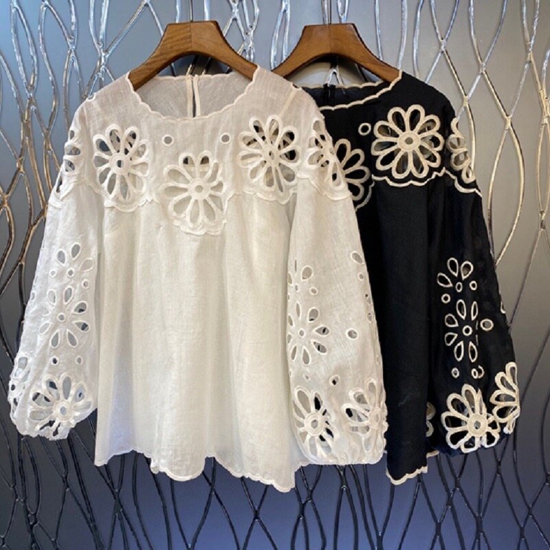 Ladies Hollow Out Embroidery Lantern Sleeve Casual Loose Tops - LiveTrendsX