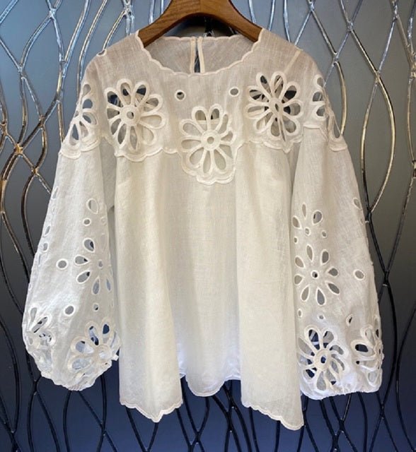 Ladies Hollow Out Embroidery Lantern Sleeve Casual Loose Tops - LiveTrendsX