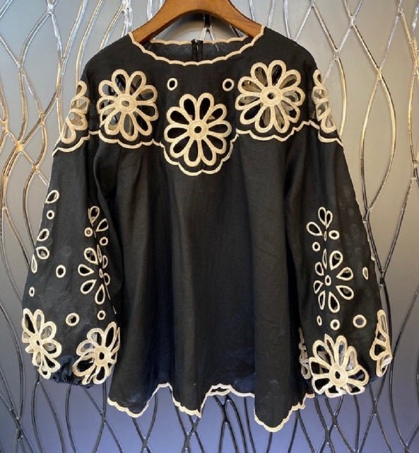 Ladies Hollow Out Embroidery Lantern Sleeve Casual Loose Tops - LiveTrendsX