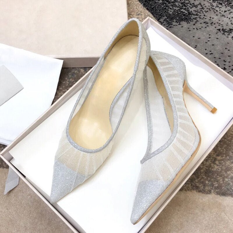 Ladies mesh bling wedding shoes stilettos sequined pointed toe - LiveTrendsX