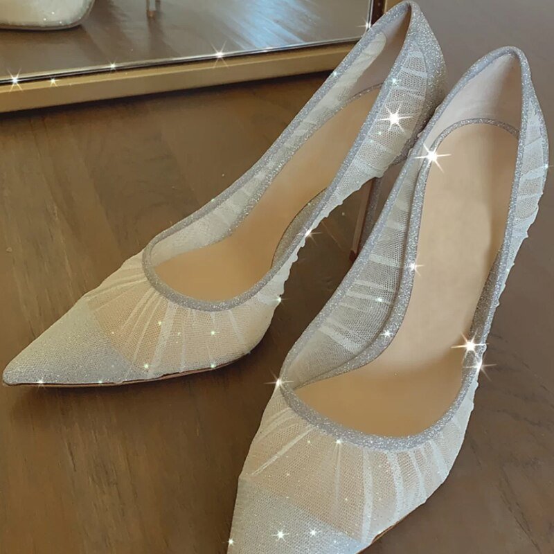 Ladies mesh bling wedding shoes stilettos sequined pointed toe - LiveTrendsX