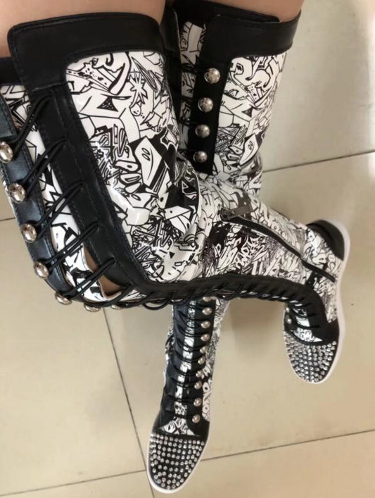 Ladies Metal Rivets Studs Round Toe Lace Up Thigh Boots - LiveTrendsX