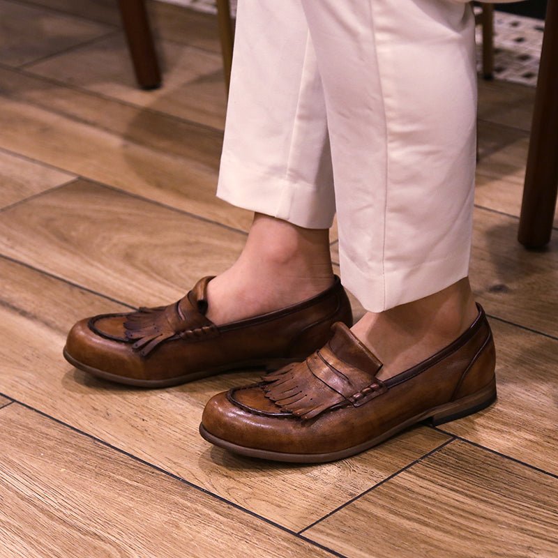 Leather retro tassel casual leather shoes handmade loafers - LiveTrendsX