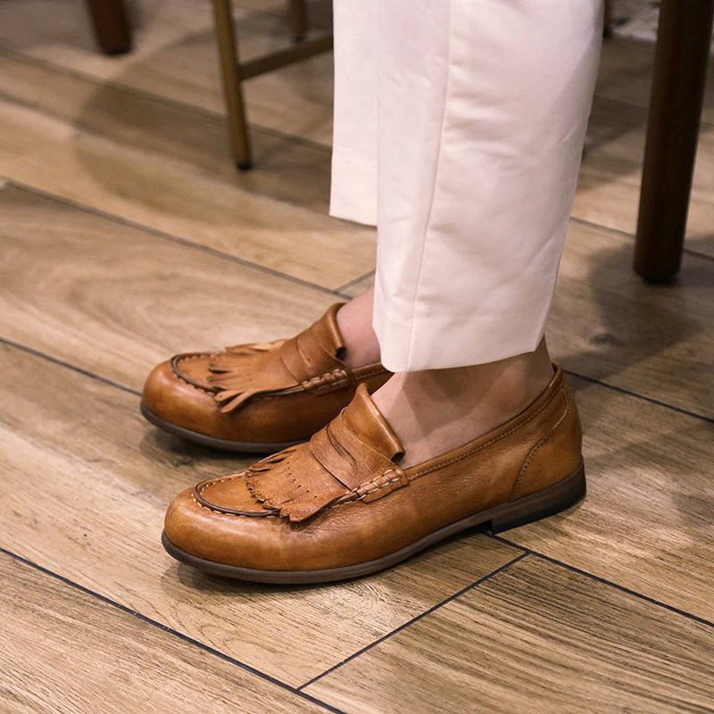 Leather retro tassel casual leather shoes handmade loafers - LiveTrendsX