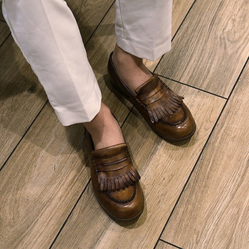 Leather retro tassel casual leather shoes handmade loafers - LiveTrendsX