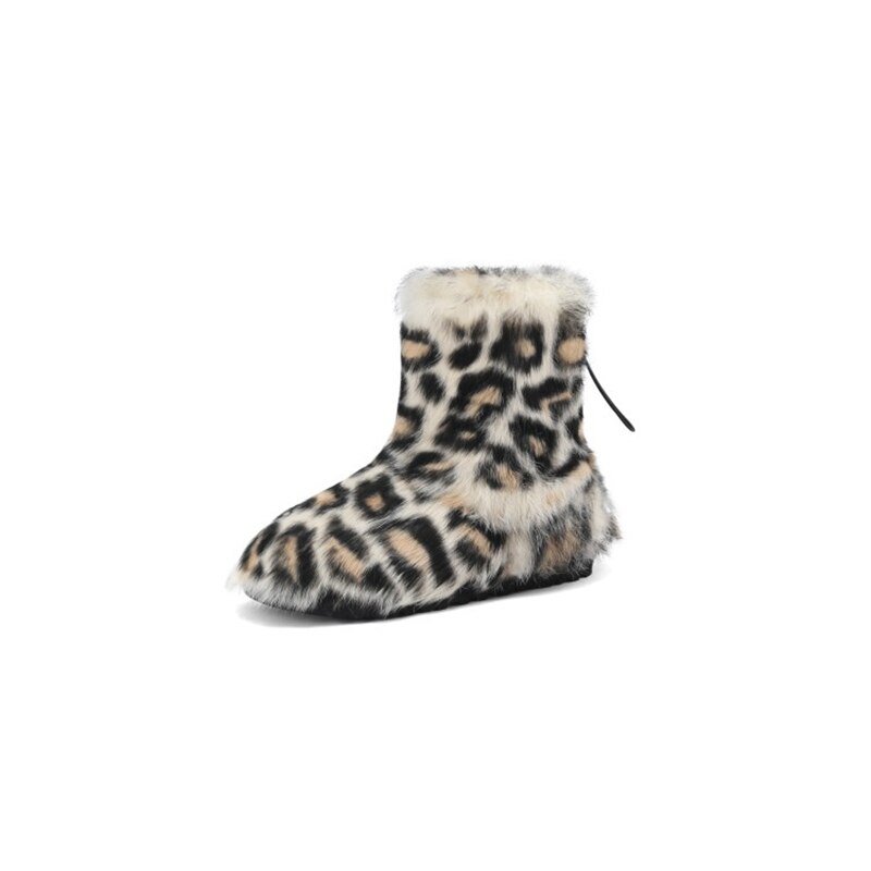 Leopard Fleece Snow Shoes Fluffy Lady's Bean Shoe Ankle Rivet Boots - LiveTrendsX