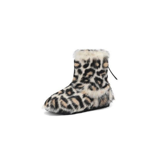 Leopard Fleece Snow Shoes Fluffy Lady's Bean Shoe Ankle Rivet Boots - LiveTrendsX