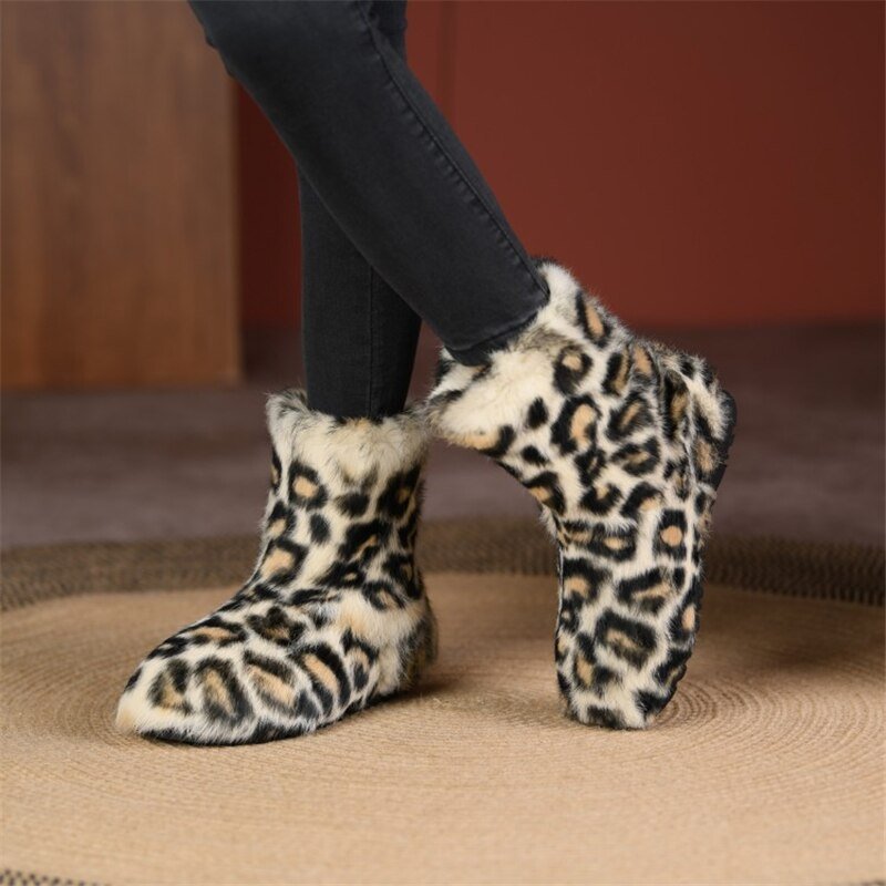 Leopard Fleece Snow Shoes Fluffy Lady's Bean Shoe Ankle Rivet Boots - LiveTrendsX