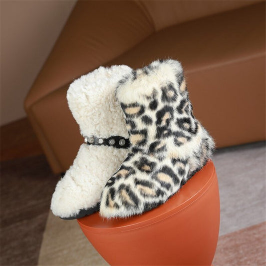 Leopard Fleece Snow Shoes Fluffy Lady's Bean Shoe Ankle Rivet Boots - LiveTrendsX