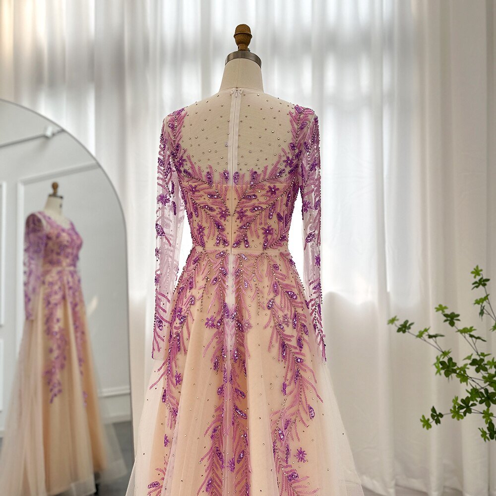Long Sleeve Lilac Evening Dresses Formal Gowns - LiveTrendsX