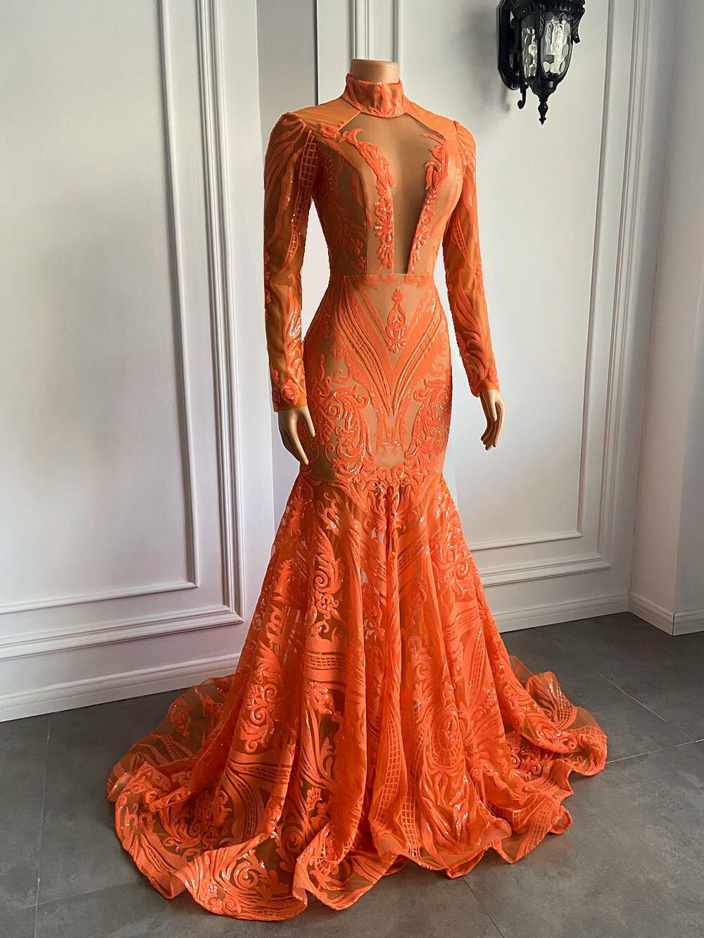 Long Sleeve Orange Sequin Girls Mermaid Real Prom Gala Party Gowns - LiveTrendsX