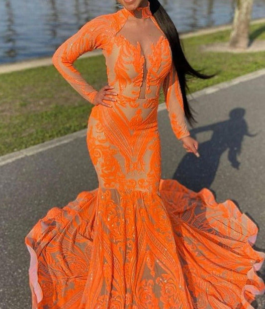 Long Sleeve Orange Sequin Girls Mermaid Real Prom Gala Party Gowns - LiveTrendsX